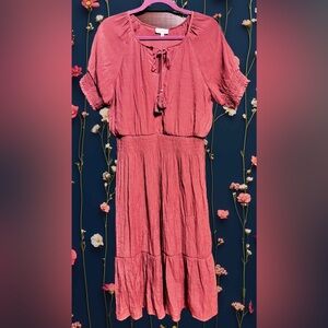 Luxology Women's Dully Lined Dusty Rose Tie-Neck Midi Dress size Medium